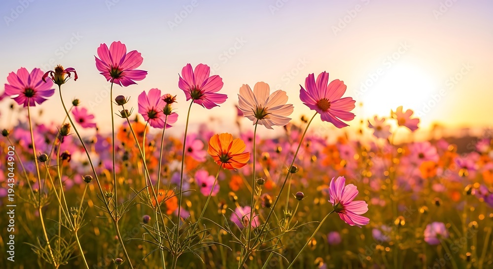 Obraz premium Vibrant cosmos flowers basking in the warm glow of a setting sun