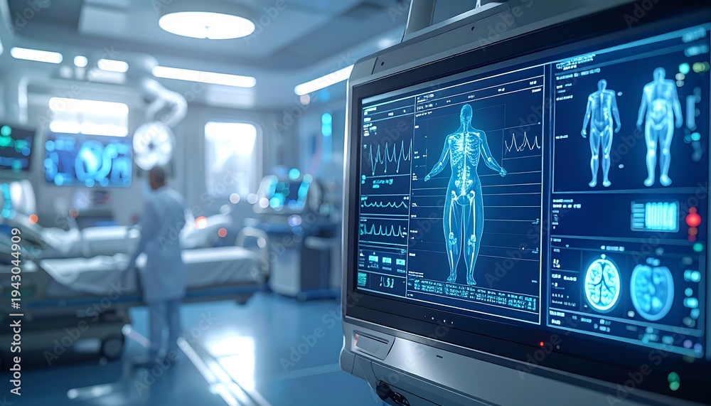 Fototapeta premium Operating room monitor shows detailed patient scan with medical staff nearby
