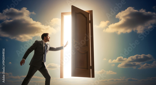 A determined professional reaching out to an ethereal, glowing open door in the heavens, signifying the start of a transformative journey, embracing new horizons, and achieving groundbreaking success