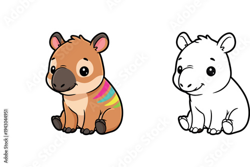 Adorable Cartoon Baby Tapir Sitting with Colorful Stripes