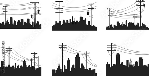 Vector illustration of urban skylines with utility poles and power lines, electricity infrastructure silhouettes showing energy distribution in city environments