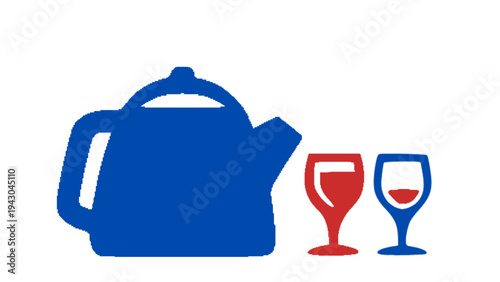 Simple flat illustration featuring a teapot with wine glasses, suitable for beverage, tea, and restaurant themes.