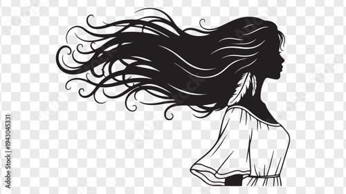 Elegant woman with flowing long hair vector silhouette isolated on Transparent Background