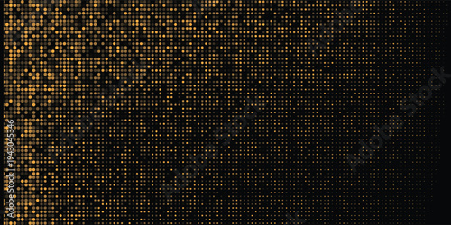 Abstract luxury banner with golden glittering dots on black background. Sparkling glitter bottom border, vector frame. Halftone effect. Magical gold dust. Pop art style backdrop.