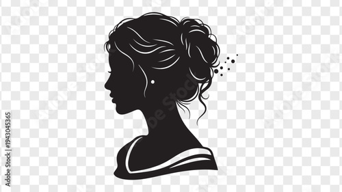 Elegant woman profile silhouette with stylish hair bun and earrings isolated on Transparent Background