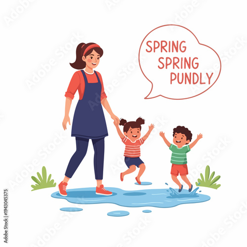 Cheerful children playing in puddles with adult supervision on sunny spring day. Happy children playing games joyfully splashing water from rain.