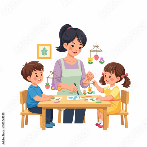 Happy kids art activity, adult guides children making colorful paper ornaments. Creative kids art activity develops fine motor skills, imagination. Educational kids art activity for school, childcare,