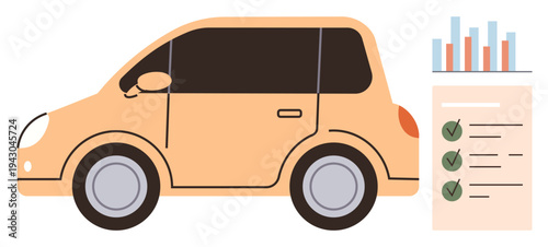 Vehicle maintenance, transportation, data analysis, quality assurance, automotive services, efficiency tracking. Illustration of a car with a checklist and bar chart. Automotive services and data
