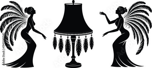 Vector illustration of symmetrical women with feathered wings beside vintage lamp, elegant burlesque silhouettes representing theatrical, decorative, and artistic design