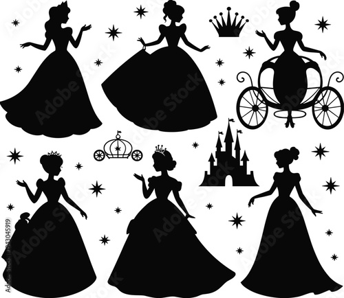 Vector illustration of princess silhouettes with castle, crowns, carriages, and sparkles, magical fairy tale fantasy design representing royalty and enchantment