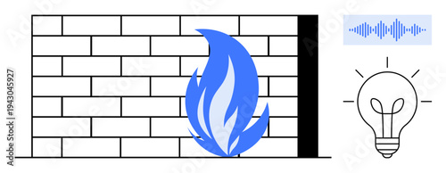 Firewall protection concept. Firewall by a brick wall and flame icon, alongside sound wave and light bulb symbols indicating innovation and security . For cybersecurity, data protection, tech