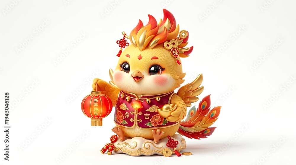 Fototapeta premium Cute Chibi Golden Phoenix Mascot 3D Illustration for Asian Lunar New Year, pure white background