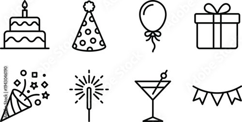 Party and Celebration Line Icon Set: Birthday Cake, Balloon, Gift Box, Party Hat, Confetti, Sparkler, and Cocktail Vector Illustrations for Event Planning and Festive Design