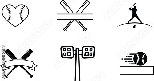 Baseball sport icons with bats balls and silhouettes on white background