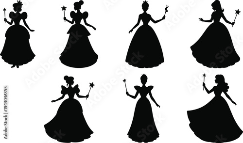 Vector illustration of princess silhouettes in long gowns holding wands, magical fairy tale characters with crowns, tiaras, and enchanting fantasy design