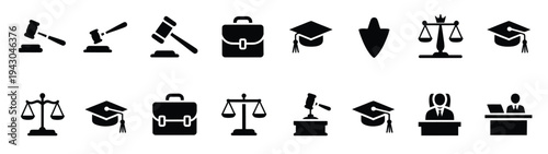 Vector symbols of law education cap, simple silhouette icon set, black color and white background, representing graduation, academic achievement, legal studies, and education design projects.