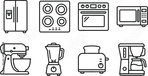 Kitchen appliances line icon set featuring refrigerator, oven, microwave, blender, and toaster for home electronics, culinary apps, and modern cooking website design