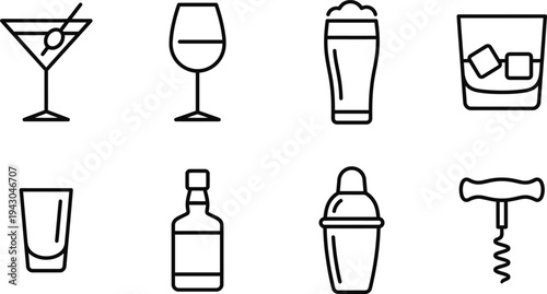 Bar and alcohol line icon set featuring cocktail glass, wine, beer pint, whiskey, liquor bottle, shaker and corkscrew for beverage industry, nightlife branding and restaurant menu design