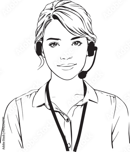 Hand Drawn Female Customer Service Agent Black and White Avatar Illustration in Minimal Line Art Style Design