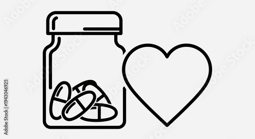 Medical Pills Bottle with Heart Icon Vector Illustration, Healthcare and Wellness Concept Graphic for Pharmaceutical Advertising and Health Information Design