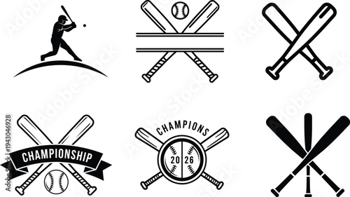 Black and white baseball sports icons with bats and balls