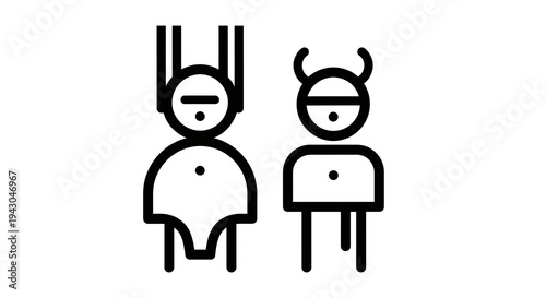 Minimalist Icon Duo Vector Illustration: Diverse Characters with Helmets, Stylized Figures, Simple Design for Concepts, Communication, and Teamwork