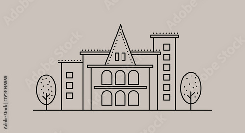 Minimalist Line Art Building Illustration Vector Style Graphic with Trees and Windows for Architectural Design and Education