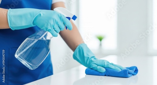 A person in a blue apron and gloves is cleaning a white surface with a blue rag and a spray bottle.