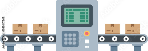 Automated conveyor belt system with cardboard boxes and control panel, industrial packaging and logistics process in modern factory production line illustration