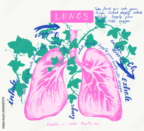 Human lungs decorative vector illustration. Internal organ anatomy health concept. Lifestyle and medical creative drawing poster with cough herbs and lettering.