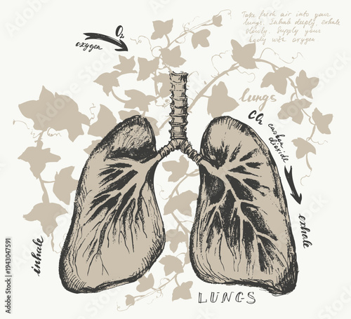 Human lungs decorative vector illustration. Internal organ anatomy health concept. Lifestyle and medical creative drawing poster with cough herbs and lettering.