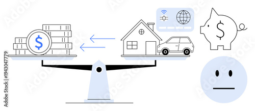 Finance, economy, housing, budget planning, savings, decision-making. Scales balancing money and property with icons of savings and emotions. Finance and housing concepts illustrated through symbols