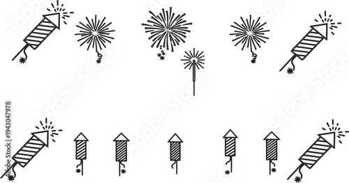 Fireworks illustrations in black and white with various designs and patterns