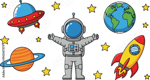 cute space cartoon set, astronaut rocket planet earth UFO stars illustration, kids astronomy theme, colorful galaxy elements collection