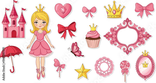 Cute princess elements set, cartoon girl crown castle bows cupcake butterfly magic star fairy tale collection flat vector illustration