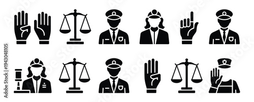 Legal rights vector icons, silhouette scroll symbols in black on white background for law, justice, legal documentation, courtroom, and legal education creative projects.