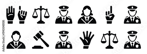 Legal rights scroll vector icon collection, black silhouette icons on white background for law, justice, legal education, legal documents, and courtroom illustration projects.