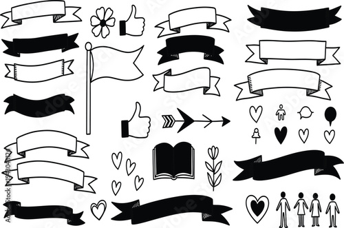 Collection of black and white banner and icon illustrations