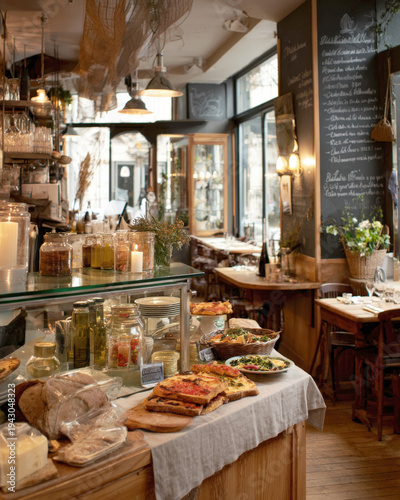 Charming rustic bakery and bistro interior with artisanal bread and pastries on counter, cozy european cafe atmosphere with chalkboard menu and warm lighting, traditional italian deli food shop