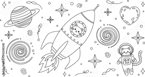 cute, cat, astronaut, rocket, space, galaxy, stars, planet, doodle, cartoon, cosmic, universe, fantasy, adventure, outline, coloring, kids, nursery, playful, design - flat vector illustration