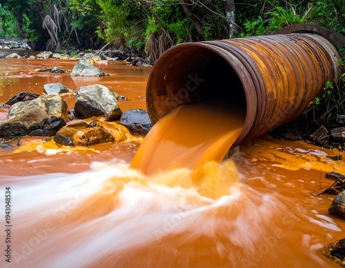 Tainted flow Orange liquid pours from a rusty pipe into a river, surrounded by rocks and greenery