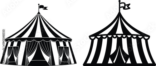 black and white illustration of two circus tents with flags  one with curtains