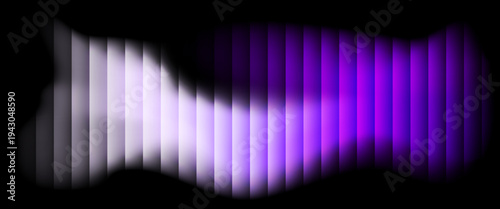 Glass ripple texture with dark gradient background and vivid purple and lilac light streaks. ripple pattern, Futuristic distortion, abstract glow, reeded vertical blur Vector illustration