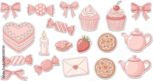 Pink sweet treats flat lay with bows and tea in soft pastel lighting for bakery branding