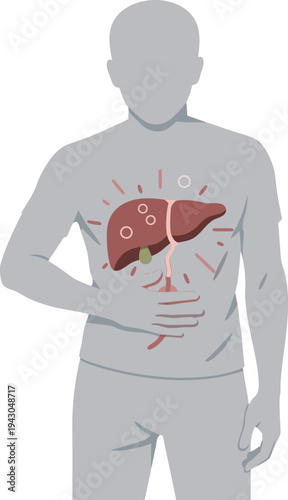 Illustration of a faceless person holding the side of their abdomen, with a highlighted infected liver symbol on the torso, representing liver disease, inflammation, and upper abdominal pain