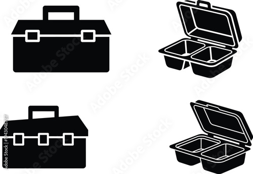 black suitcase and lunch box icons on white background