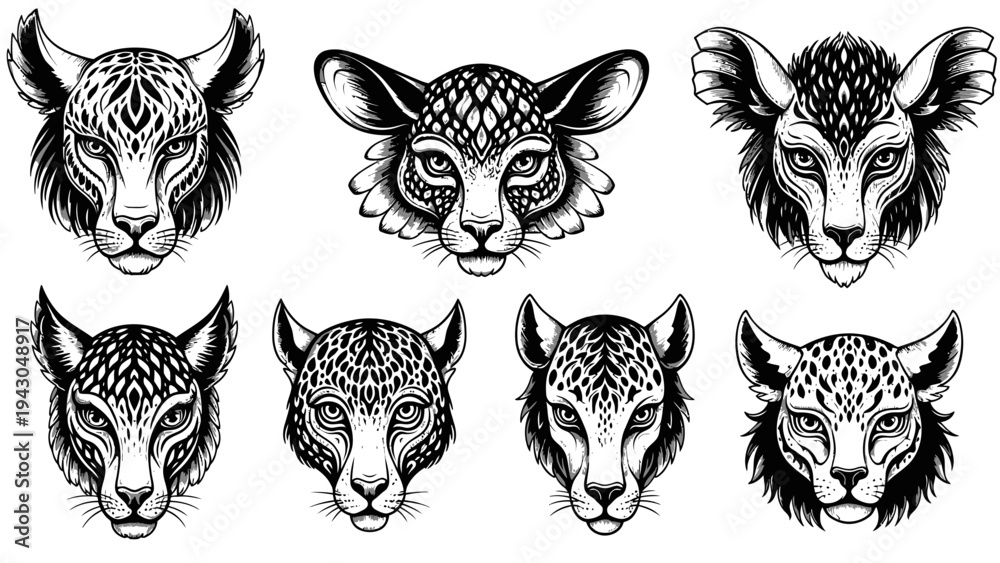 Obraz premium Intricate leopard head illustrations in black and white for diverse design uses