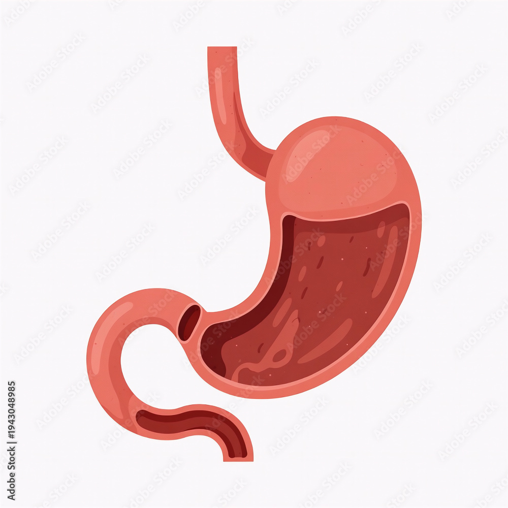 Fototapeta premium Simplified anatomical illustration of the human stomach and esophagus on a plain background.