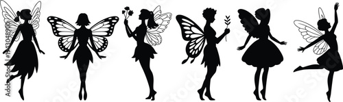 Vector illustration of fairy silhouettes with whimsical wings and poses, fantasy magical characters holding flowers and leaves in enchanting designs
