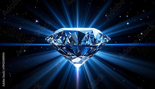 Shimmering diamond radiates brilliant blue light against a starlit cosmic background